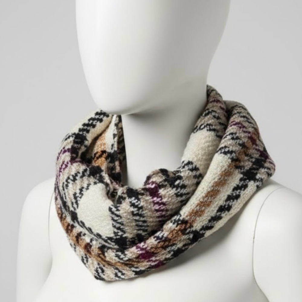 V Fraas Plaid Infinity Scarf Cream Brown Burgundy Cozy Loop Scarf Germany Soft